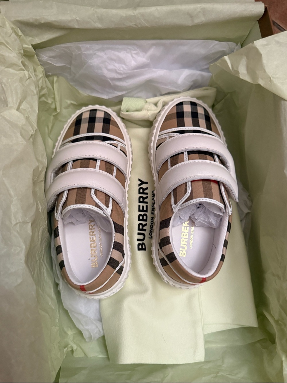 Burberry Beige & Black Check Kids Velcro Sneakers